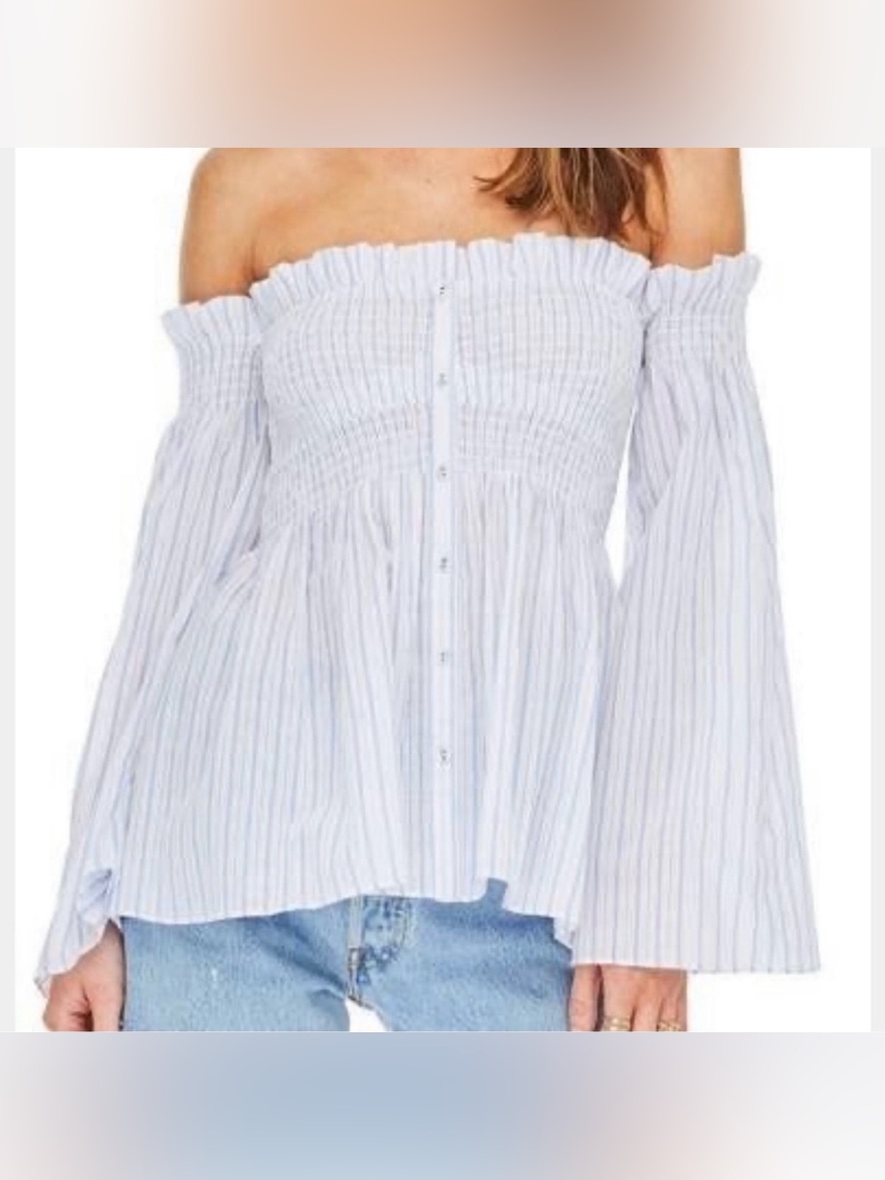 Astr the label Off-Shoulder Smocked Stripe Blouse size L